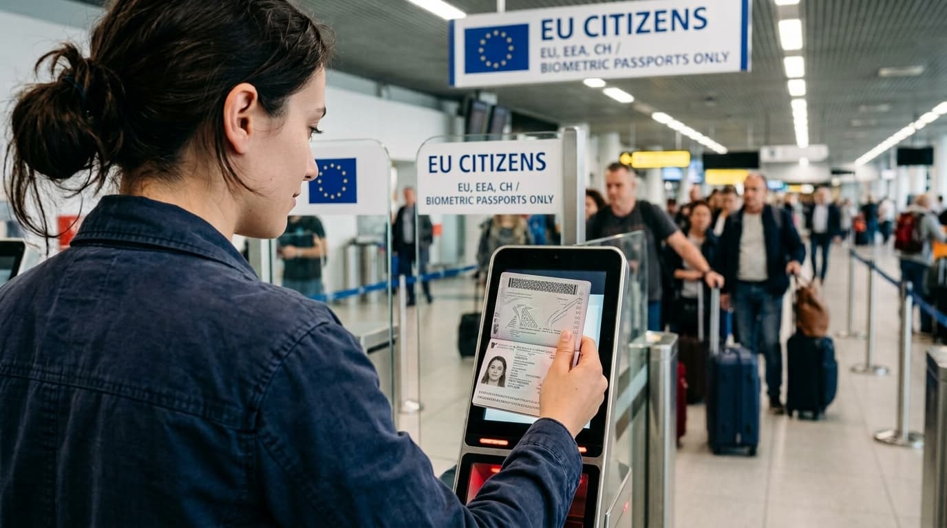 Traveler holding a Croatian passport at an airport EU citizens e-gate lane