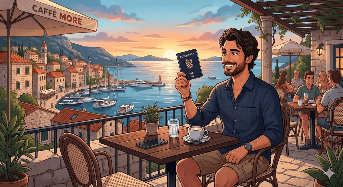 Happy Croatian citizen holding his new passport at a seaside cafe